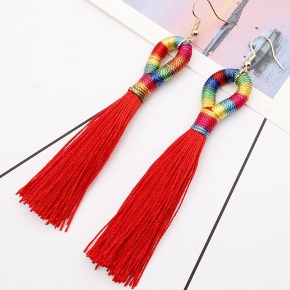 Jewelry - Red Rainbow Silk Tassel Earrings